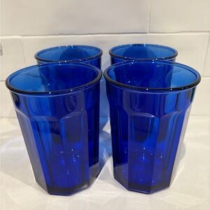 Vintage Luminarc Cobalt Blue 10 Panel 18 oz. Drinking Glasses Tumblers Set of 4
